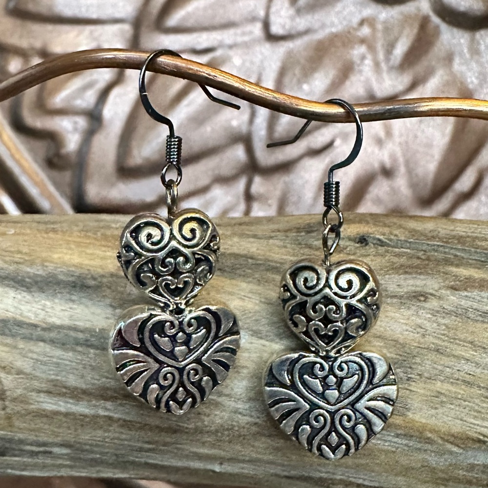 Ornate Silver Double Heart Dangle Earrings